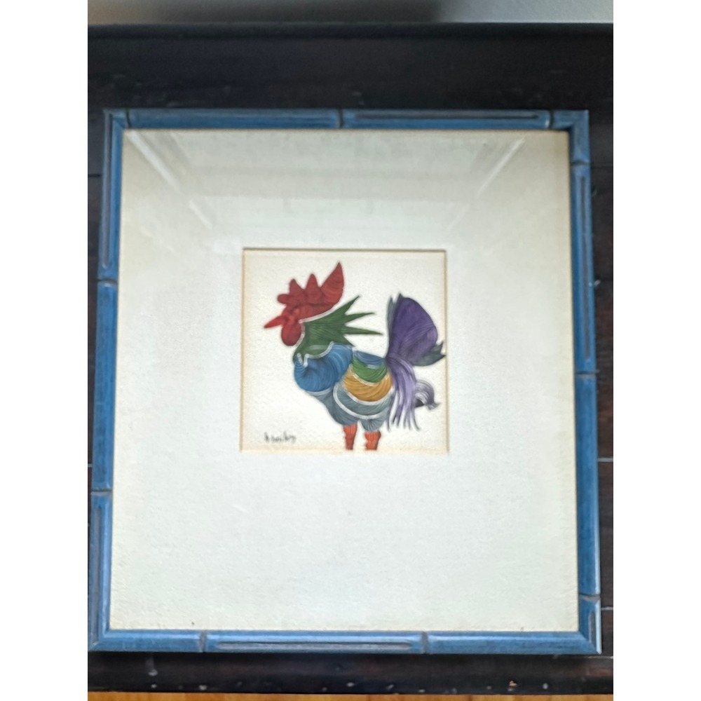 Vintage H Bailey Watercolor Rooster Painting Framed Blue Faux Bamboo Folk Art